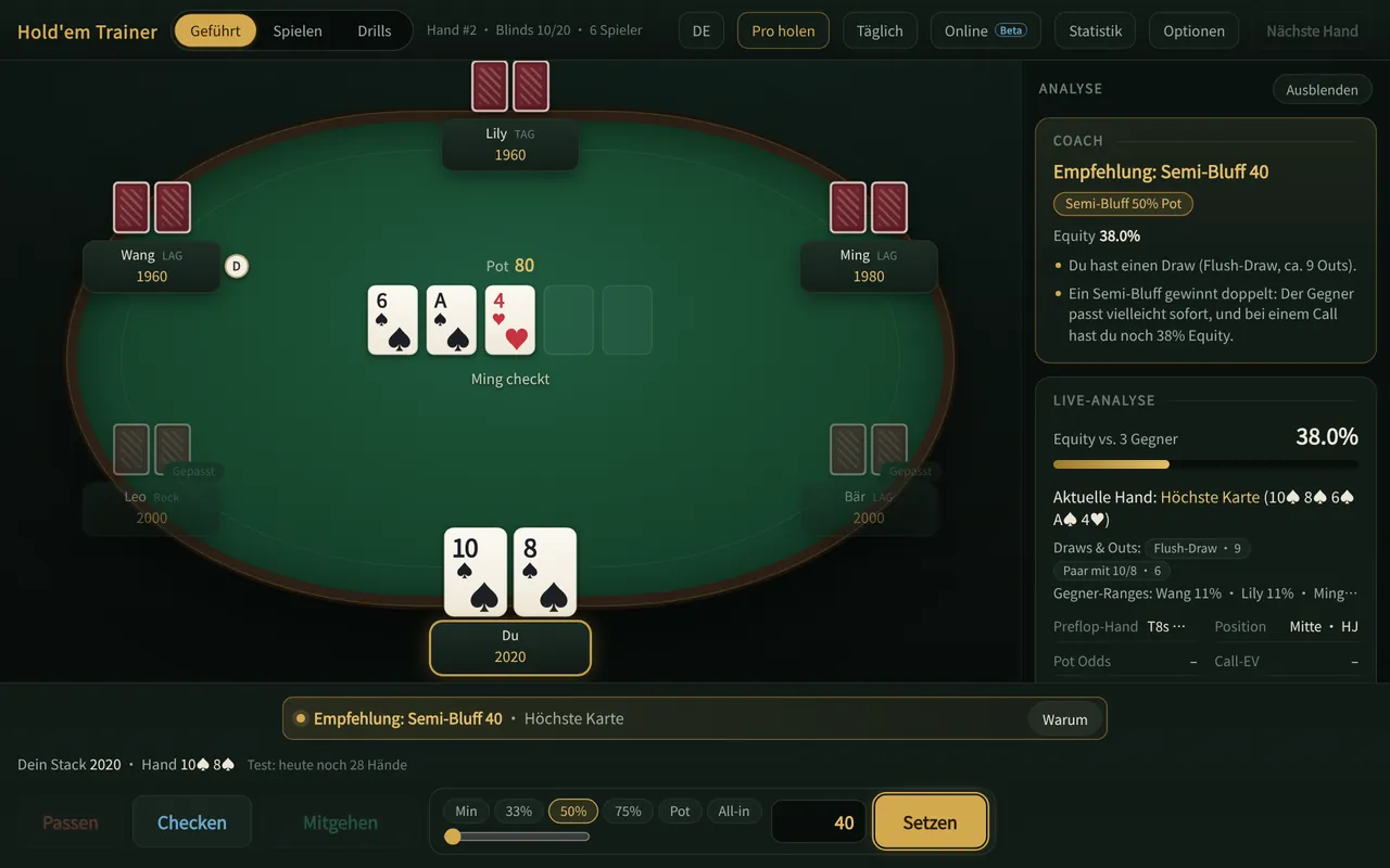 Holdem Trainer Pro am Desktop: Tisch, Coach-Vorschlag und Equity-Panel