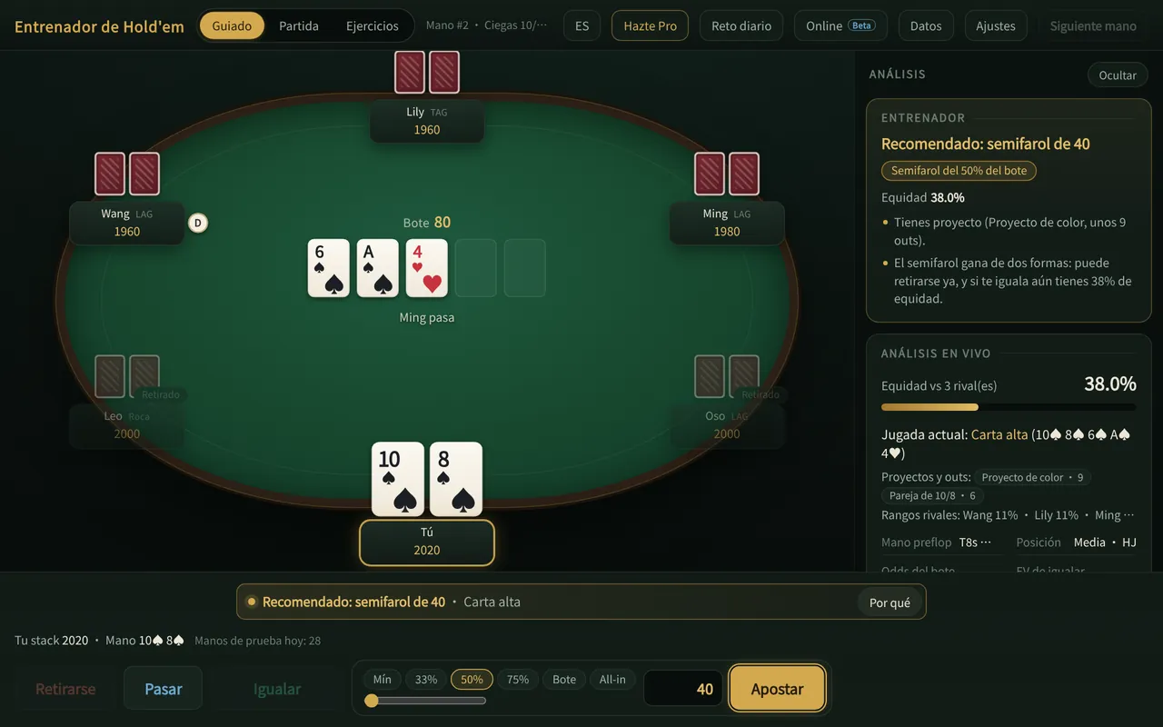 Holdem Trainer Pro en ordenador: mesa, sugerencia del entrenador y panel de equidad