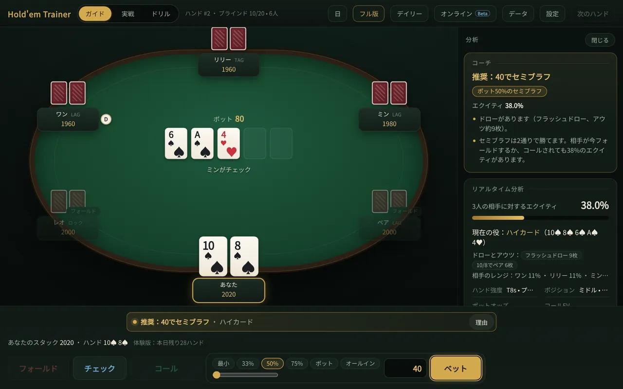 PC版のHoldem Trainer Pro：テーブル、コーチの提案、エクイティパネル