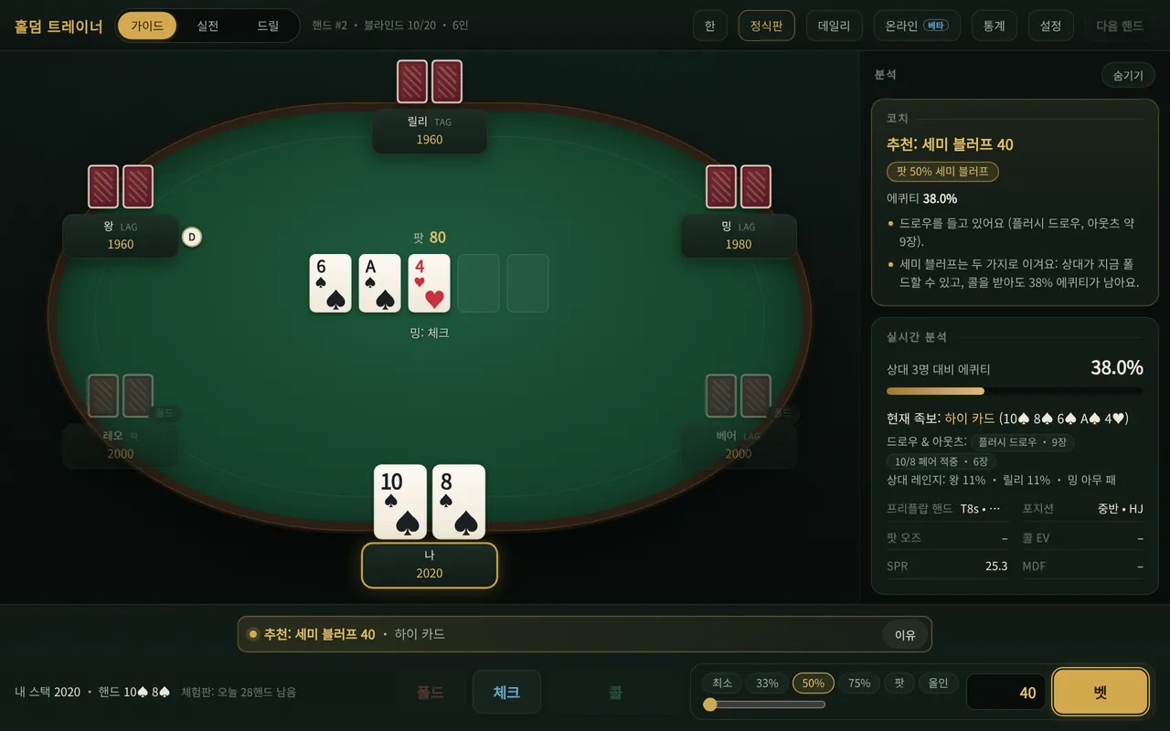 PC에서 본 Holdem Trainer Pro: 테이블, 코치 추천, 에퀴티 패널