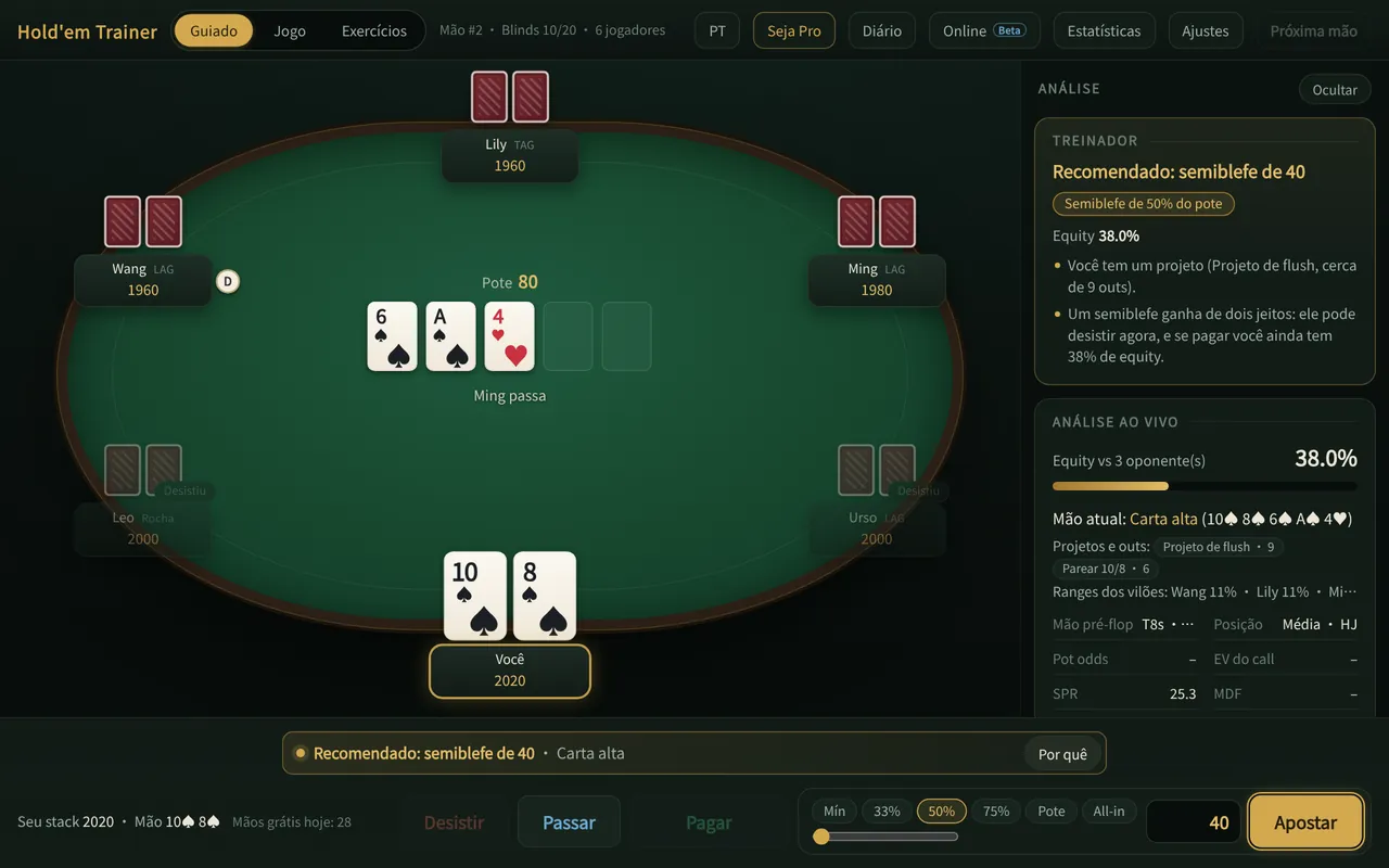 Holdem Trainer Pro no computador: mesa, sugestão do treinador e painel de equity